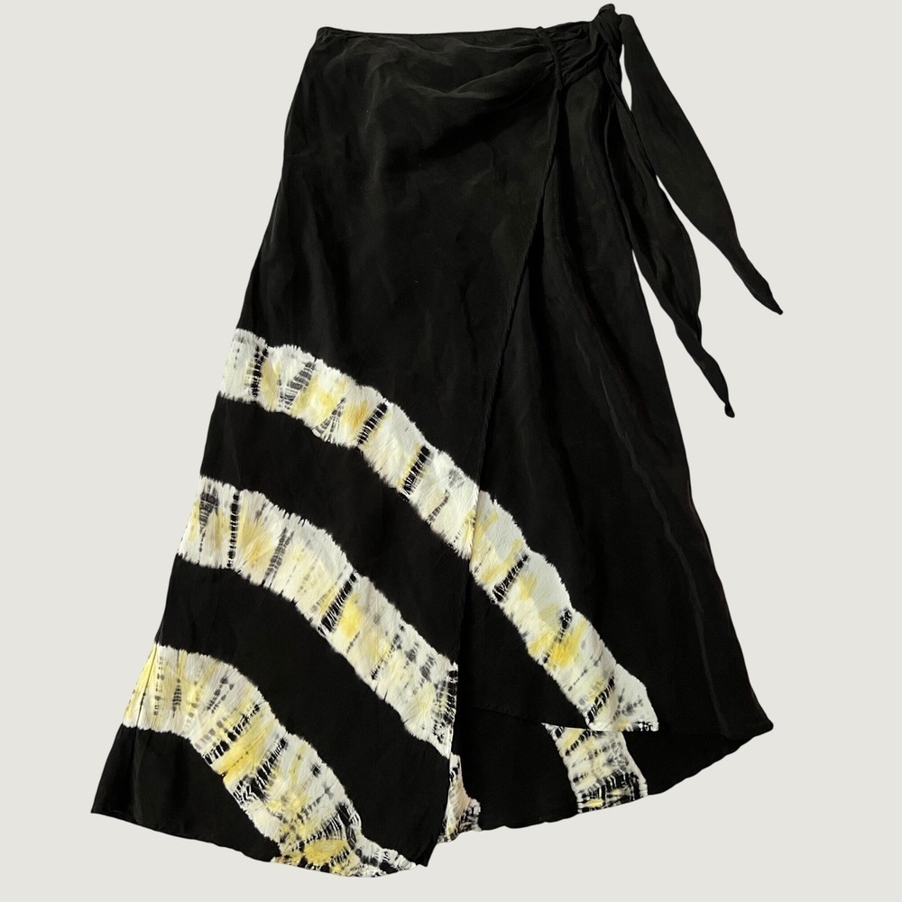 R.G. Kane Wrap Midi Skirt NWOT Black Yellow Tie Dye Stripe Side Tie Small